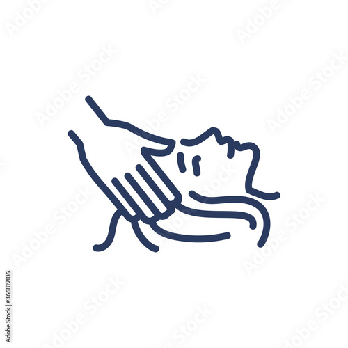 Head massage thin line icon. Woman, face, therapist hands isolated outline sign. Spa salon, body care, cosmetology concept. Vector illustration symbol element for web design and apps
