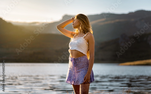 woman lake sunset relax chill 
