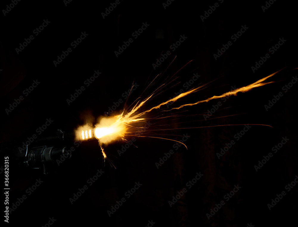 Realistic shotgun shot with muzzle flash - obrazy, fototapety, plakaty 