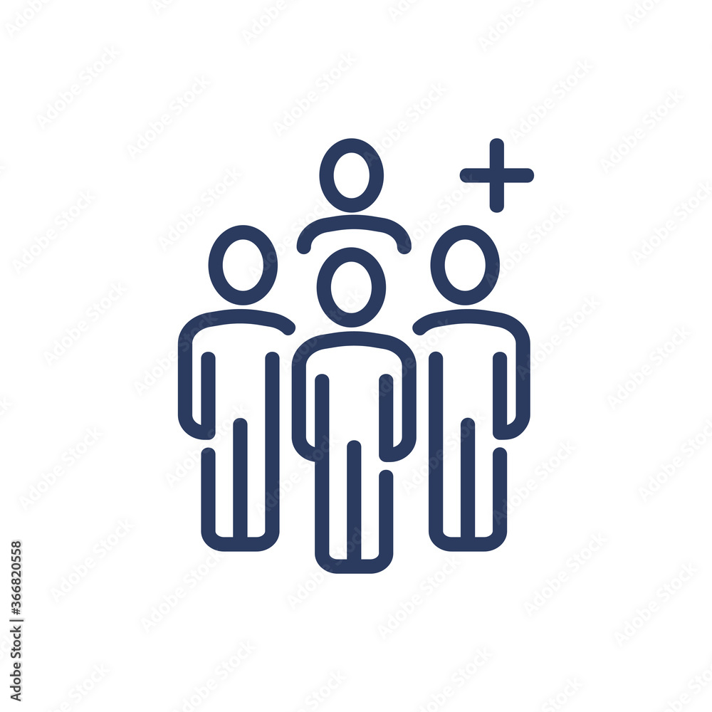 Group of users and add symbol thin line icon. Team, community, plus, cross isolated outline sign. People, human resource, social network concept. Vector illustration symbol element for web design Group of users and add symbol thin line icon. Team, community, plus, cross isolated outline sign. People, human resource, social network concept. Vector illustration symbol element for web design