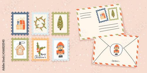 Merry Christmas card. Paper envelope with stamps and decorative winter elements on an isolated background. Christmas tree. A letter for Santa Claus. Holiday cards. Mail. Flat illustration. Vector.