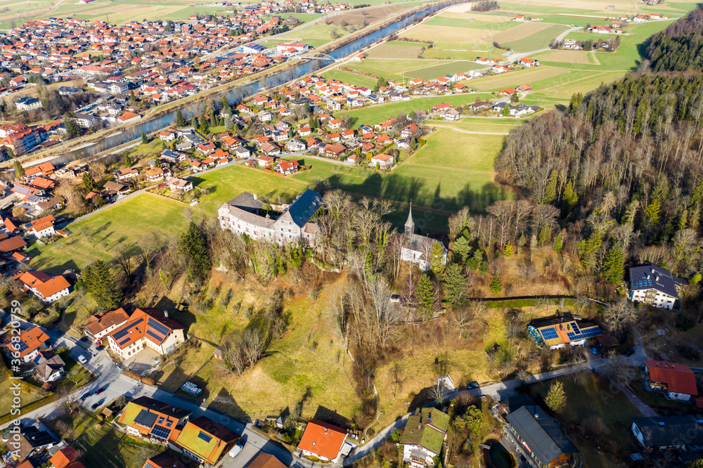 Aerial view, Marquartstein Castle, medieval hilltop castle, Tiroler Achen, Marquartstein, Upper Bavarian district of Traunstein, Germany