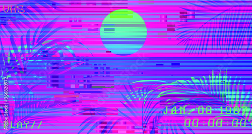 Ambient scene with palm leaves on glitched screen with VHS flicker and stripes. Retro 80's style vibe. photo