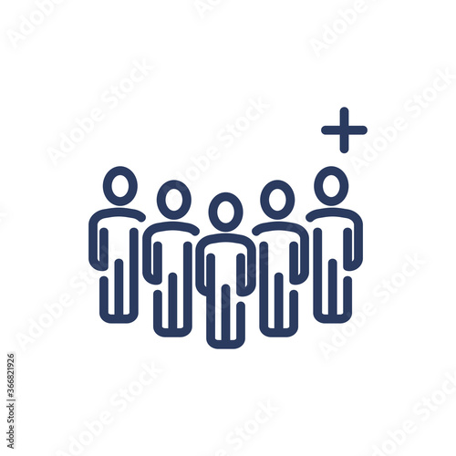 Group of users and add friend thin line icon. Crowd, community, plus, cross isolated outline sign. People, society, social network concept. Vector illustration symbol element for web design and apps