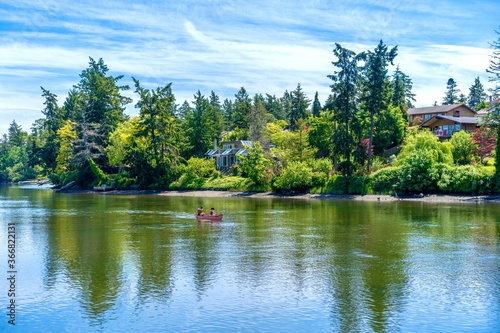 A bright sunny day attracts boaters to the calm reflective waters of the Gorge ocean inlet near Esquimalt and Saanich, Greater Victoria, Vancouver Island, British Columbia, Canada photo