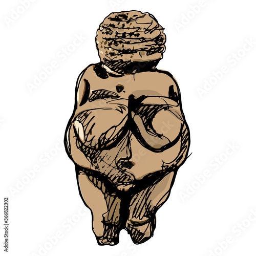 Venus of Willendorf. Paleolithic female figurine from Austria. Stone age sculpture. Great Mother archetype. Fat pregnant lady. Fertility goddess. Hand drawn colorful rough sketch.