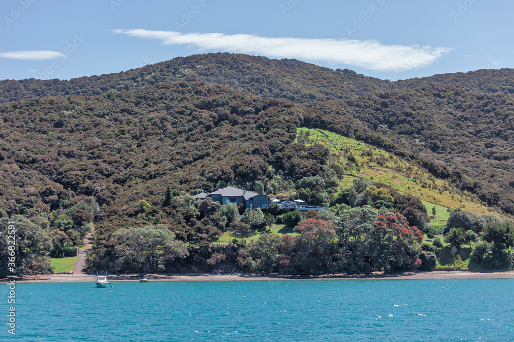 Coastline with natural beach, trees and villa in Bay of Islands, New Zealand