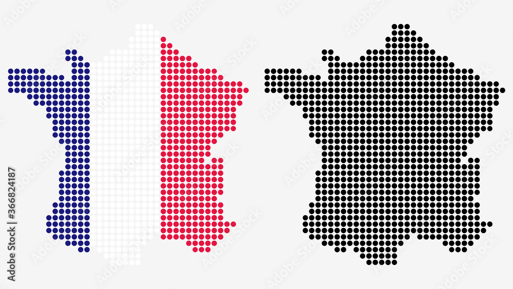 Map of France, in dotted style. One version includes the flag, the other is simply black. Vector Graphic.
