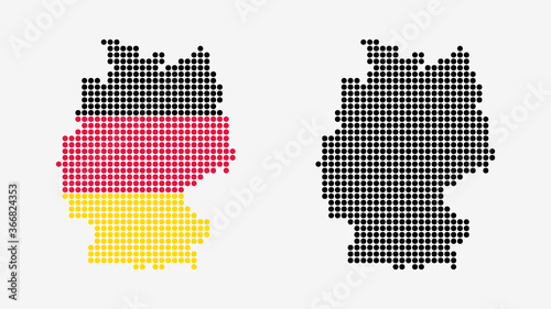 Map of Germany, in dotted style. One version includes the flag, the other is simply black. Vector Graphic.