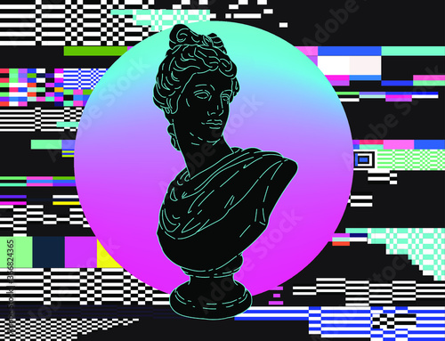 Pop art style collage with gypsum head and glowing neon disk on dark background. Illustration with retro 80's vibe.