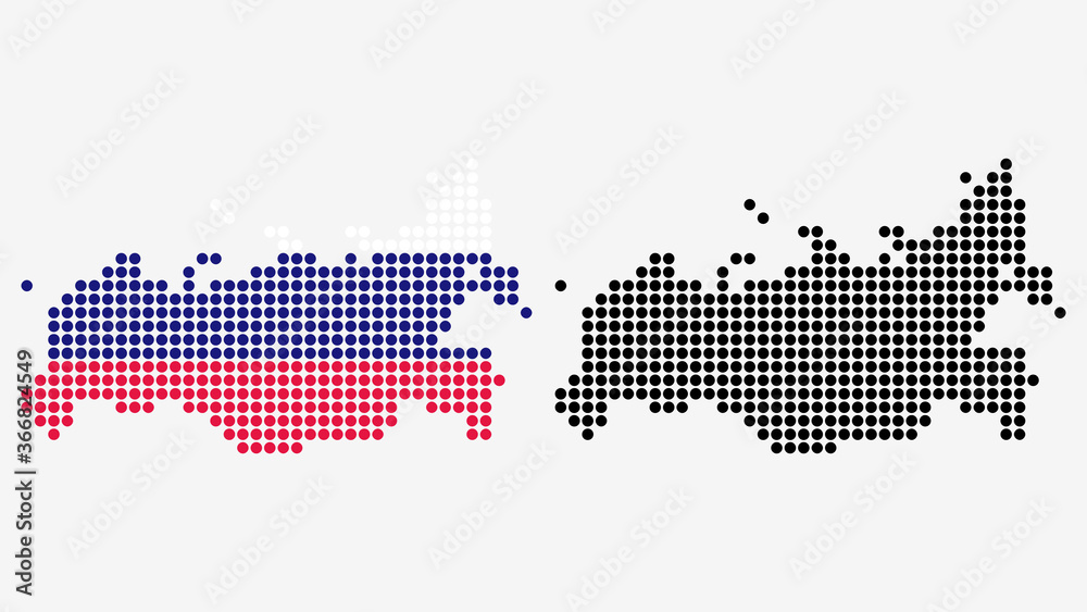 Map of Russia, in dotted style. One version includes the flag, the other is simply black. Vector Graphic.