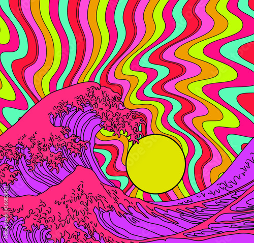 Grote golf in psychedelische hippiestijl. Uitzicht op de kamsprong van de oceaan, gestileerd als de pop-art van de jaren zestig.