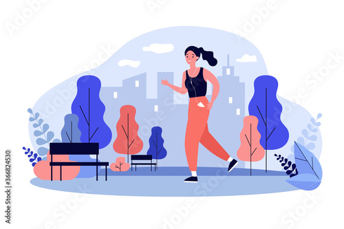 Jogger wearing headphones running down pathway outdoors. Woman training in city park in morning. illustration for health, lifestyle, sport, activity concept