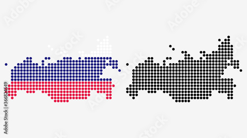 Map of Russia, in dotted style. One version includes the flag, the other is simply black. Vector Graphic.