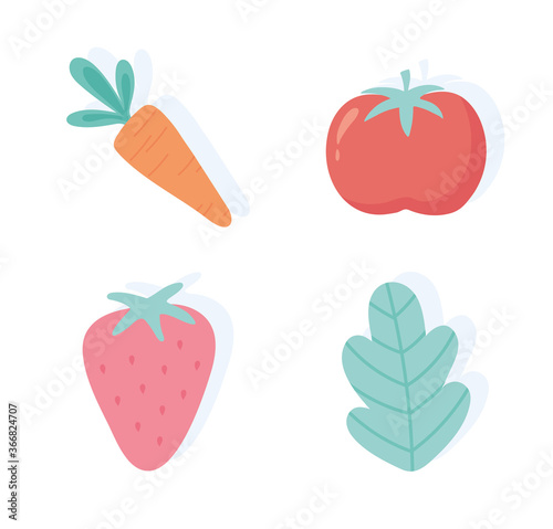 fresh fruits vegetable carrot tomato strawberry and leaf icons