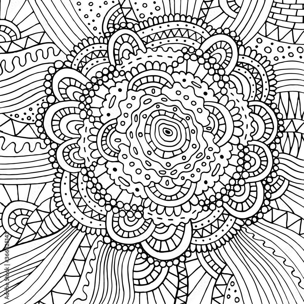 Floral doodle trippy psychedelic mandala artwork. Line black and white realistic drawing ...