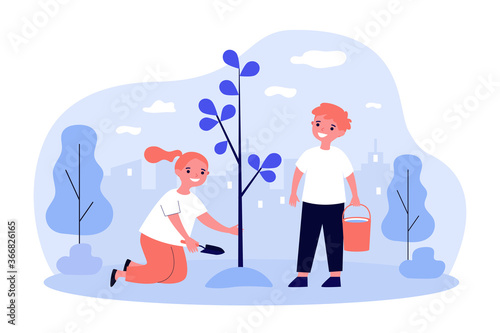 Children planting tree in spring. Kids working in garden. Vector illustration for environment protection, nature care, volunteering, education concepts