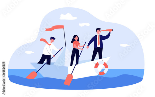 Business leader with spyglass leading his team in ocean. Team of employee with paddles sailing paper boat. Vector illustration for journey, success, goal, strategy, teamwork concepts