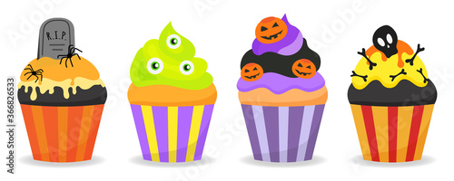 Halloween decorated cupcakes with spiders, pumpkins, bones, eyes, tombstone and cream. Creepy dessert icons for party invitation or cafe menu design.