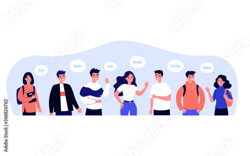 People saying Hello in their native different languages. Students of various cultures greeting each other with speech bubbles. Vector illustration for international global communication concept