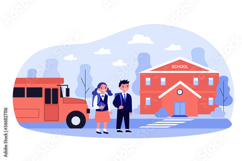 Happy children walking from bus to school entrance. Boy and girl crossing street on crosswalk. Vector illustration for education, back to school, road safety concept
