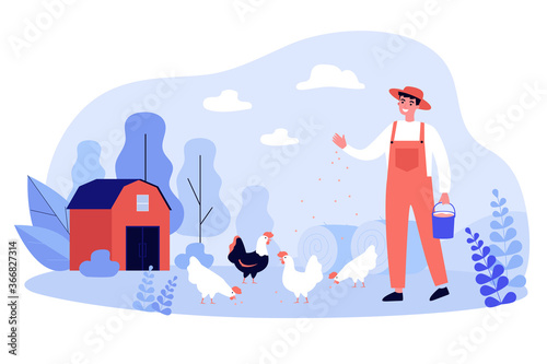 Happy farmer breeding hens. Happy man feeding chickens on lawn. Vector illustration for agriculture, farming, country life, birds and animals breeding concepts