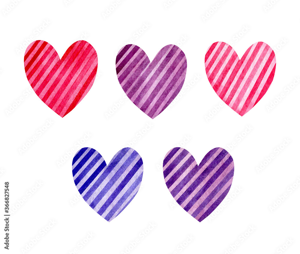 Set of colored striped hearts on white background. Watercolor hand-drawn illustration. Pink, lilac, purple, blue design elements. Perfect for your project, cards, print, covers, patterns, invitations.