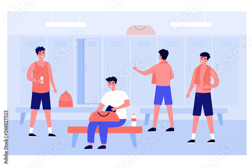 Football or soccer team changing in locker room. Cheerful young men getting ready for training. Vector illustration for gym, fitness club, school or college sport team concept