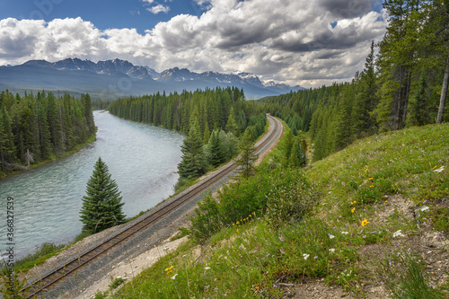 Bow River and railroad tracks in Banff National Park, Alberta, Canada