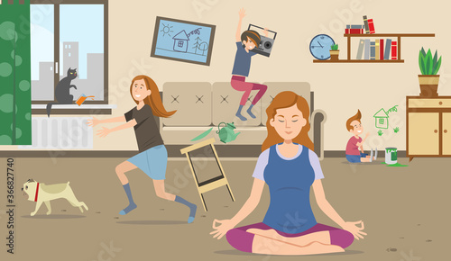 Fotografia Calm peaceful mother meditating in lotus pose while mischievous naughty children and pet making chaos in room