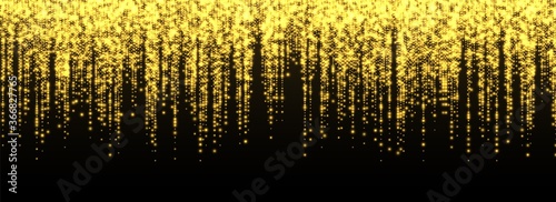 Glitter rain, golden star dust, bright yellow sparkles isolated on a dark background. Christmas decoration, abstract falling shiny particles, isolated vector light effect. Luxury decor.