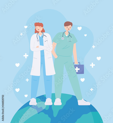thank you doctors and nurses, female doctor and male nurse on world