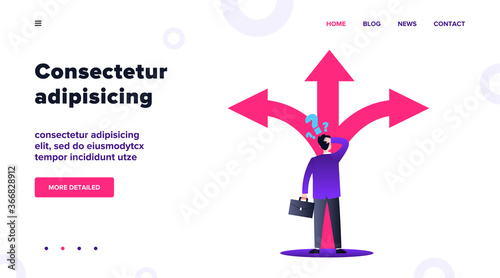 Adult person thinking about direction flat vector illustration. Man in formal suit having questions and choosing way for work. Three big arrows. Carrier and selection concept.