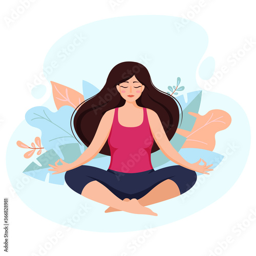 Beautiful girl in yoga lotus position. Young woman practice meditation