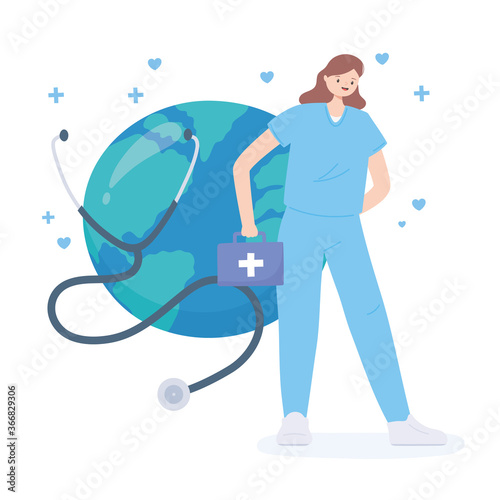 thank you doctors and nurses, female nurse with stethoscope kit and wold