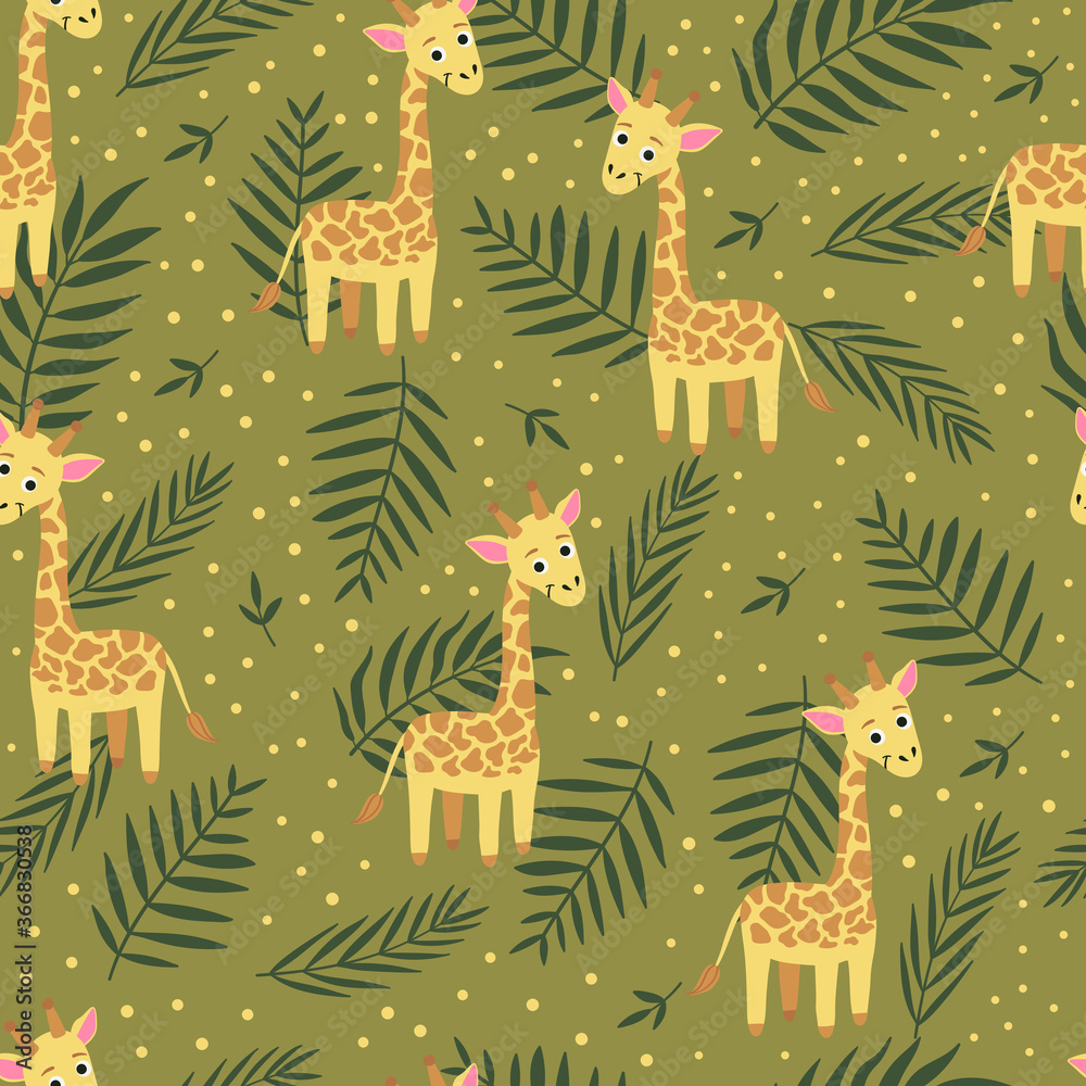 Tropical seamless pattern with giraffe and exotic leaves. Vector illustration Tropical seamless pattern with giraffe and exotic leaves. Vector illustration