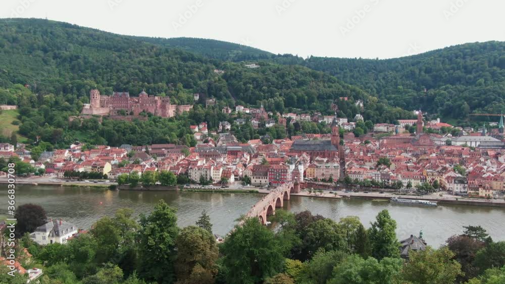 Establishing aerial drone shot of the City of Heidelberg on a sunny afternoon Establishing aerial drone shot of the City of Heidelberg on a sunny afternoon
