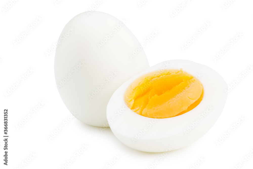 Single whole boiled egg with halved egg isolated on a white background Single whole boiled egg with halved egg isolated on a white background