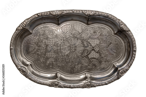 Vintage silver tray isolated on white background