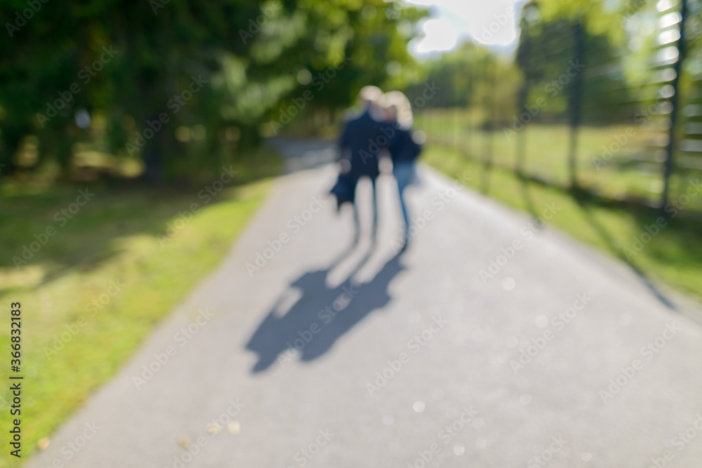 Defocused couple walking in the park along path of green lush trees on sunny day