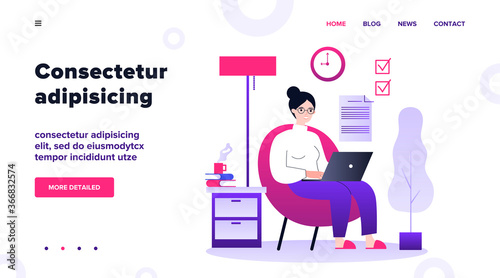 Happy freelance worker working with laptop at home. Woman sitting in armchair, using computer. Vector illustration for freelancer, morning, planning, routine concept