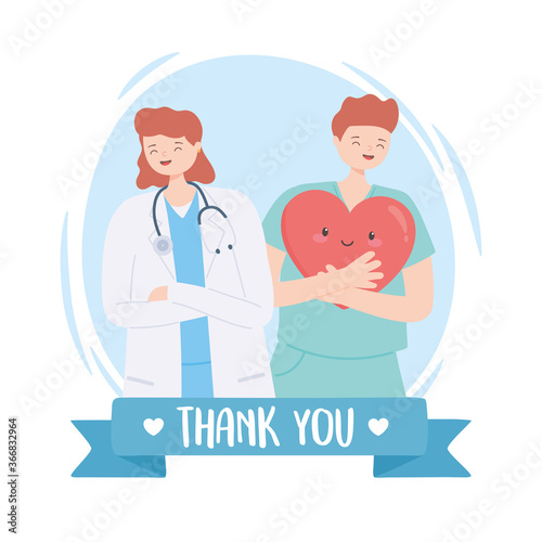 thank you doctors and nurses, female doctor with stethoscope and male nurse with heart cartoon
