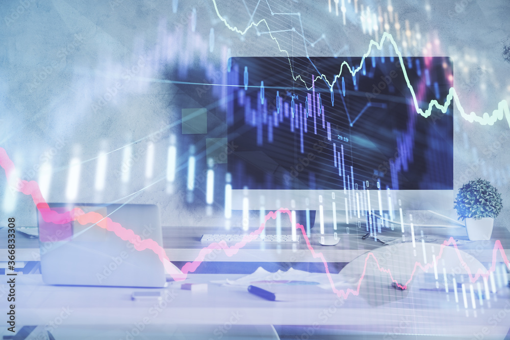 Multi exposure of financial graph drawing and office interior background. Concept of market analysis. Multi exposure of financial graph drawing and office interior background. Concept of market analysis.