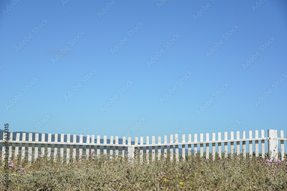 White picket fence with blue skies above