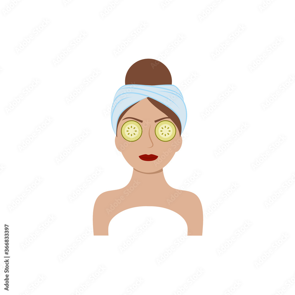 Obraz premium The face of a beautiful girl with a towel on her head and cucumbers in her eyes. Skin, body, face, and eye health care. Vector illustration of a cartoon. Cosmetologist services, beauty salon, Spa,