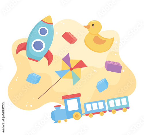 toys object for small kids to play cartoon duck rocket pinwheel and train