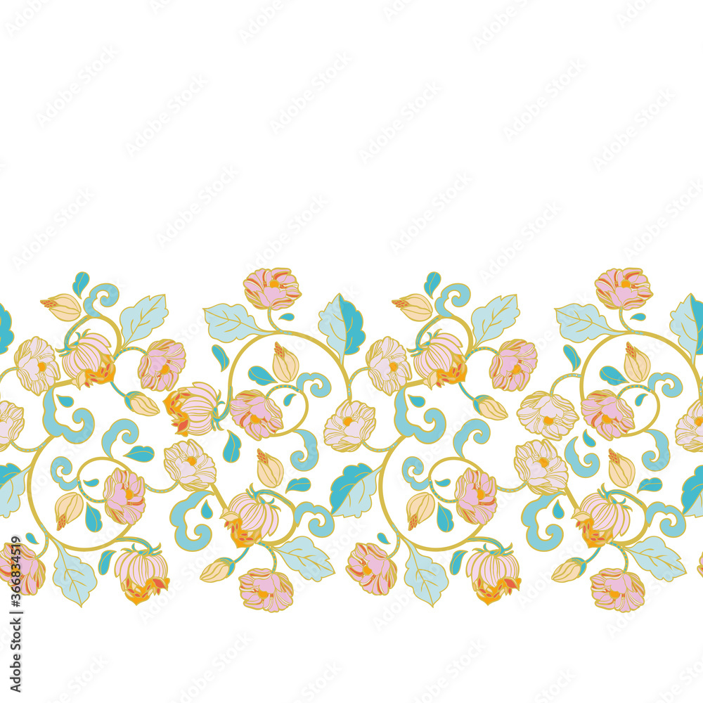 Vector royal baroque intarsia style pastel floral border, seamless design with hand drawn historic florals on white background. Nature background. Surface pattern design.