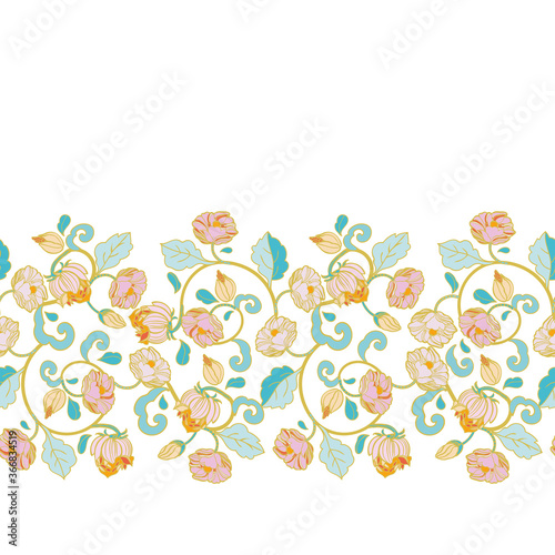 Vector royal baroque intarsia style pastel floral border, seamless design with hand drawn historic florals on white background. Nature background. Surface pattern design.