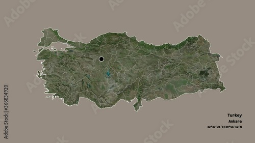 Bingöl, province of Turkey, with its capital, localized, outlined and zoomed with informative overlays on a satellite map in the Stereographic projection. Animation 3D photo