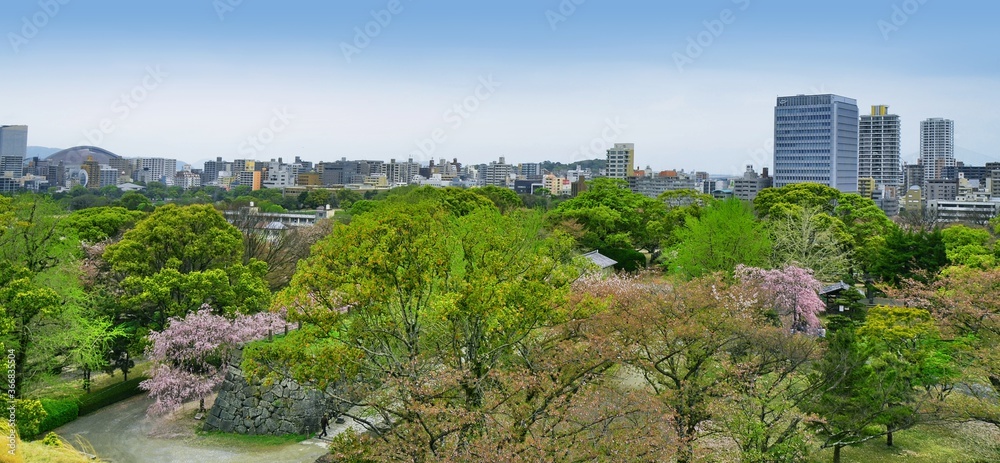 View  of Fukuoka skyline from the ruins of Maizuru castle. Fukuoka city, Japan. 04-07-2015
